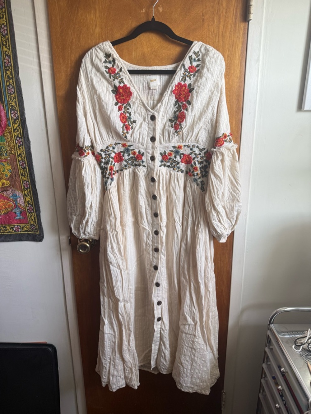 Maeve by Anthropology Cream Midi Dress with Red Floral Embroidery